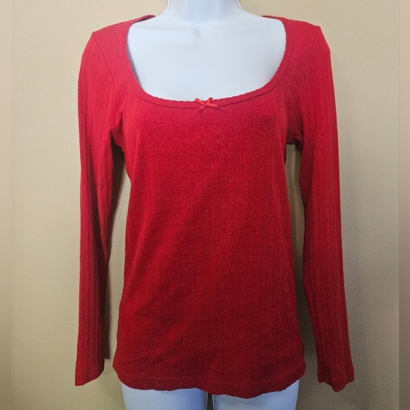 Doen Pointelle Romy Tee Women's Size L Red Cotton Longsleeve Tee Top - Picture 1 of 6